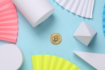 Bitcoin on abstract background with geometric shapes. Minimalism. Concept art. Creative layout