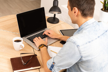 Handsome young man online using a laptop