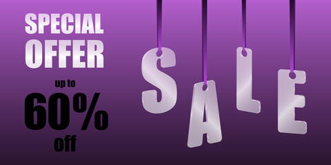 Sale Special offer. Translucent glass or plastic letters on purple silk ribbons with purple background. Vector illustration.