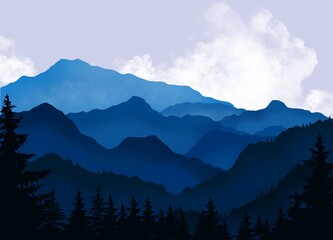 illustration of beautiful dark blue mountain landscape with fog forest and cloud