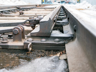Railroad switch of railroads. Junction switching. Close-up.