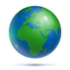 Glossy Earth globe planet with green continents. Detailed world map focused on Africa and Europe, travel around the world concept realistic vector illustration isolated on white background