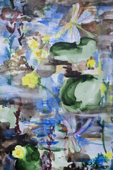 Watercolor painting summer river nuphars with dragonflies. Organic fresh water and environment nature concept.