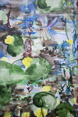 Summer river nature watercolor painting. Blooming nuphars, algae and duckweed. Pure fresh water river concept.