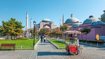 Beautiful view of the medieval hamam and Hagia Sophia from Sultan Ahmet Square. Istanbul, Turkey