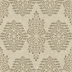 Seamless embossed paper texture for print. High quality illustration. Beige taupe or tan paper texture with embossed abstract ethnic tribal design overlay. Seamless repeat raster jpg pattern swatch.