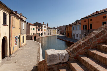 Comacchio, Ravenna. Detail of Ponte dei Sisti with Houses of San Pietro' canal.