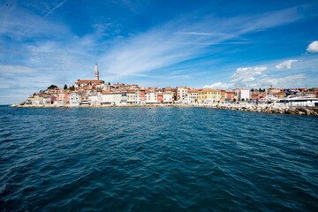 Fototapeta na wymiar Old city from the sea on Adriatic peninsula with wide lens and in vivid colors
