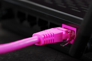 A pink patch cord is inserted into the router's Wi-Fi port to access the Internet. Internet...