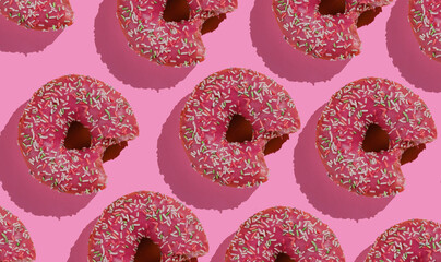 Pop art collage of bitten glazed donuts on a pink background. Food background. Top view