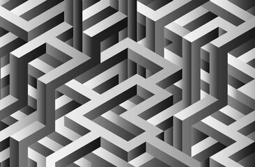 Gray geometric 3D maze background.  Isometric black and white labyrinth illustration. 3D renderong geometric dark maze backdrop.