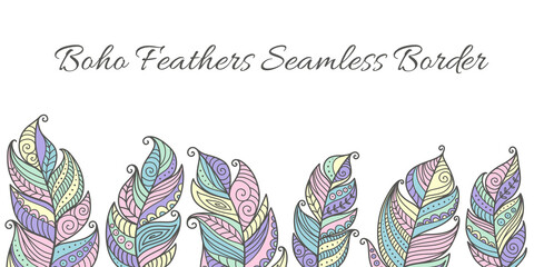 Hand drawn horizontal seamless vector border with boho feathers on white background. For invitations, decor, packaging, ribbon, greeting cards, stationery, valentines day, birthday.