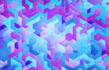 Blue grungy wall background. Mosaic textured blue, pink, cyan wall with geometric shapes, isometric polygonal design elements.