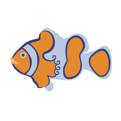 Cartoon stylized clown fish. Hand-drawn vector. Tropical marine animals, inhabitants of the seas and oceans. Orange and blue colors. For illustrations, children's manuals, print, Internet.