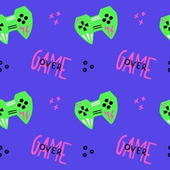 Joystick seamless pattern. Bright modern cartoon video game, gamepad for console or pc. Gamer geek modern background. Decor textile, wrapping paper wallpaper, vector trendy print or fabric