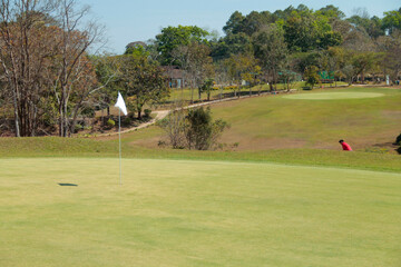 Fototapeta premium Golfer playing golf in the evening golf course, on sun set evening time. Man playing golf on a golf course in the sun.