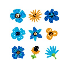 Doodle flowers. Hand drawn cartoon leaves and blue flower, abstract botanical decor, decorative spring summer decoration set, vector isolated illustrations