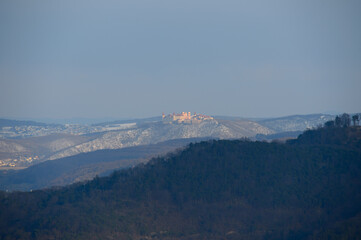 A view over Göttweig Abbey in Austria from the distance from above on a sunny day in the early spring