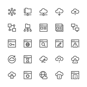 Simple Interface Icons Related to Network. Database, Cloud Computing, Internet Technologies. Editable Stroke. 32x32 Pixel Perfect.