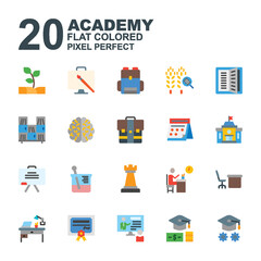 Icon Set of Academy. Flat color style icon vector. Contains such of agriculture, class, university, economy, chemistry, class, art, bookshelf and more. You can be used for web, mobile, ui and more.
