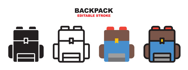 Backpack icon set with different styles. Colored vector icons designed in filled, outline, flat, glyph and line colored. Editable stroke and pixel perfect. Can be used for web, mobile, ui and more.