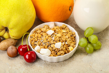 Breakfast with granola and milk