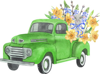 Watercolor green Easter truck. Retro truck with lamb, spring flowers and leaves. Vintage truck. Narcissus, tulips, hyacinth, daffodils, green leaves