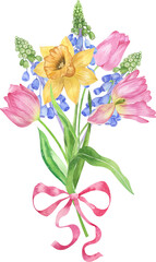 Watercolor spring arrangements with pink tulips, narcissus, hyacinth, leaves. Flower wreath, Wedding invitation clip art. Flower frame