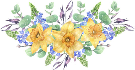 Watercolor spring arrangements with pink tulips, narcissus, hyacinth, leaves. Flower wreath, Wedding invitation clip art. Flower frame