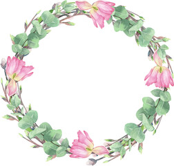 Watercolor spring arrangements with pink tulips, narcissus, hyacinth, leaves. Flower wreath, Wedding invitation clip art. Flower frame