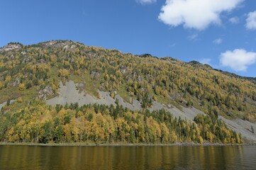 Obraz premium Autumn on Lake Teletskoye. Altai Republic. Western Siberia