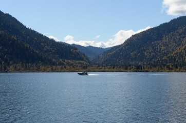 Boat on Lake Teletskoye. Altai Republic. Western Siberia