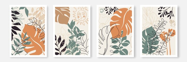 Abstract Minimalist Cards Set. Botanical Line Art Drawing, Minimal Shapes, Doodles, Palm Leaves and Flowers Background. Vector Line Art Illustration for Modern Design, Wall Prints Minimal Style.