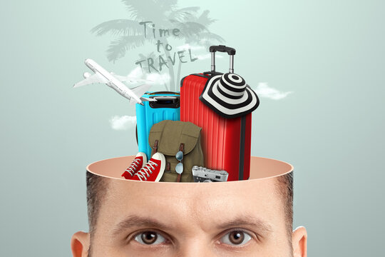 Travel, vacation concept. A creative image of a man in his head instead of a brain is suitcases, a samlet, sneakers and a balloon. Thoughts about the holiday.