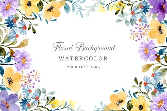 Yellow and purple wildflower frame. Watercolor floral background