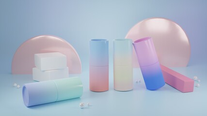 3D rendering pastel color mockup skincare ads, cosmetic package design set with light effect illustration
