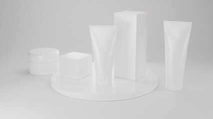 3D rendering mockup white color skincare ads, cosmetic package design set with light effect illustration