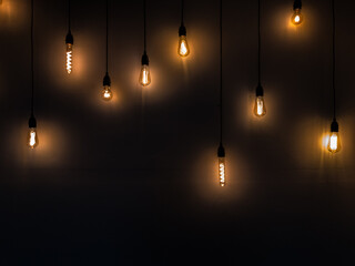 Lightbulbs of Various Shapes and Sizes With Visible Filaments Hang Contrasted Against a Dark Wall