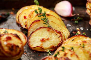 Hot Baked crispy potato stack with parmesan cheese and herbs