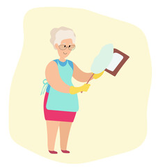 Spring cleaning. Vector illustration of a grandmother cleaning the house