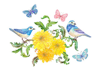 floral arrangement with yellow chrysanthemum flowers and couple of little blue birds. watercolor painting