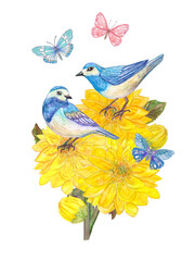 bouquet of yellow chrysanthemum flowers with couple of little blue birds. watercolor painting