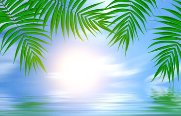 Fototapeta na wymiar Summer empty tropical background with palms and water reflection. Summer sunny day. 3d illustration