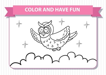 Coloring book for children. Printable a4 page. Horizontal landscape orientation. Owl, clouds, good, night. Background with clouds