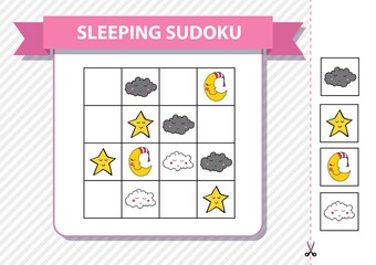 Printable sudoku game for children with pictures. Kids activity sheet. Training logic, educational game. Star, crescent, cloud. Vector