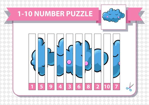 Counting number puzzle. From 1 to 10. Cut and assemble. Cartoon sleeping cloud