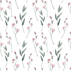 Watercolor seamless pattern with flowers and leaves