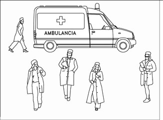 Four doctors and ambulance car.
