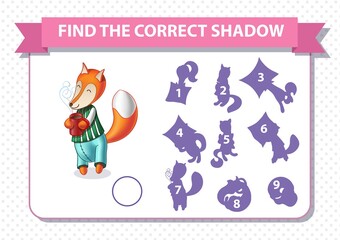 Educational worksheet for preschool kids. Find the correct shadows. Sleeping cartoon fox. Good night. Vector