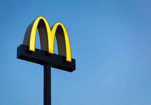View of McDonald's sign against blue sky on March 11, 2021 in Kiev, Ukraine
